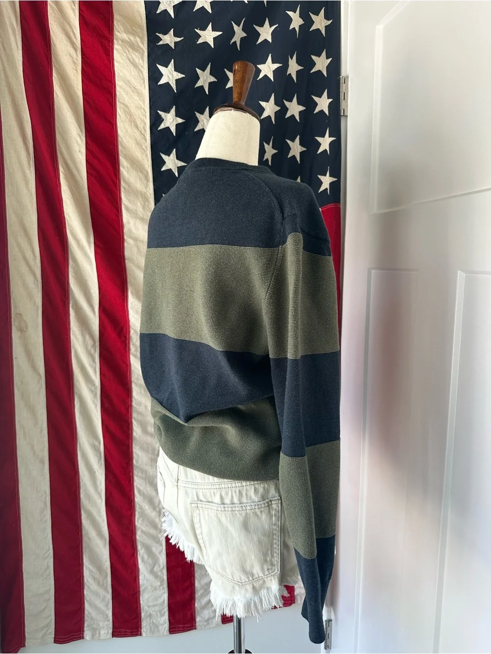 J.Crew Factory Navy & Green Wide Striped Crewneck Knit Sweater M unisex